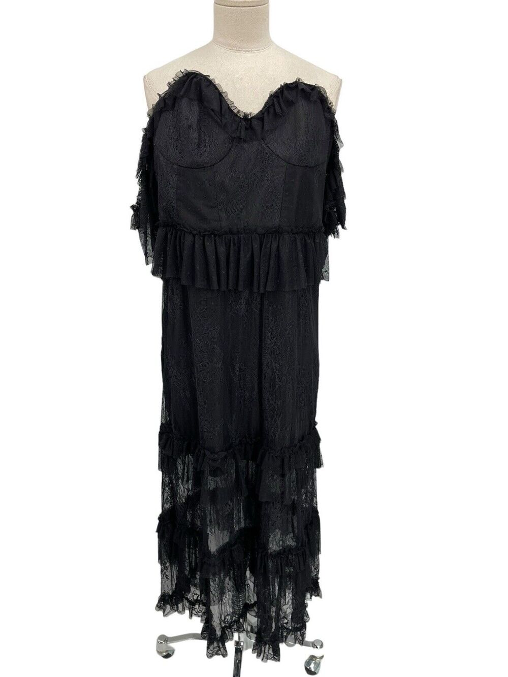 NWT Bardot Dress Black Lace Ruffles Off Shoulder Size 10